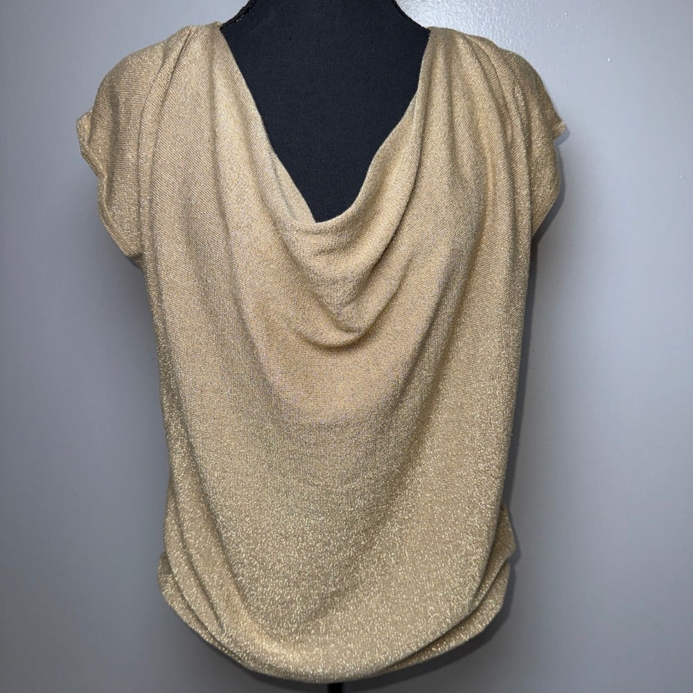 Michael Kors Gold Metallic Cowl Neck Knit Top Cap Sleeve‎ Shimmer Blouse Small